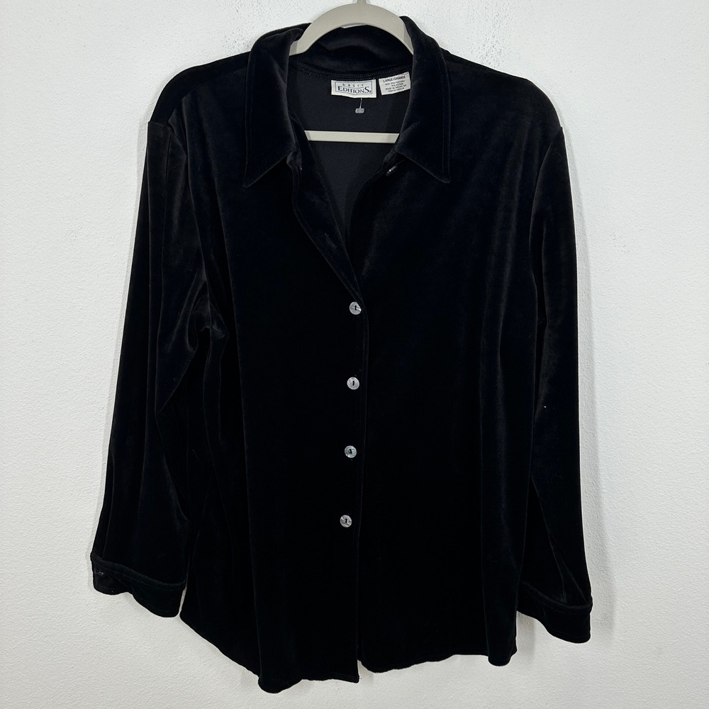 Vintage Basic Editions Black Velvet Whimsigoth Button Down Long Sleeve Shirt Top